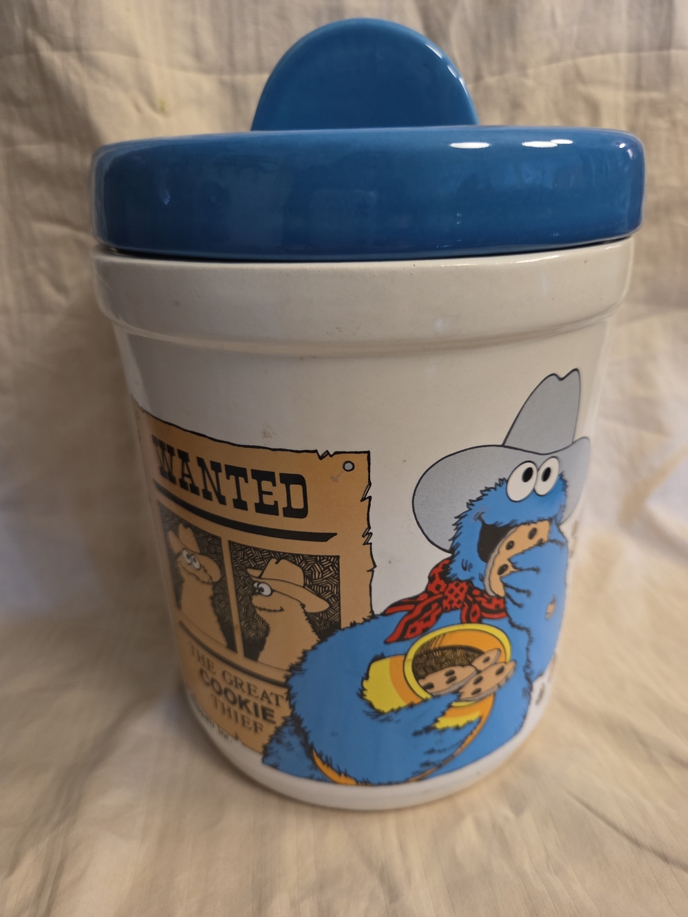 Vintage Sesame Street Cookie Monster Wanted: Cookie Thief Ceramic Cookie Jar USA